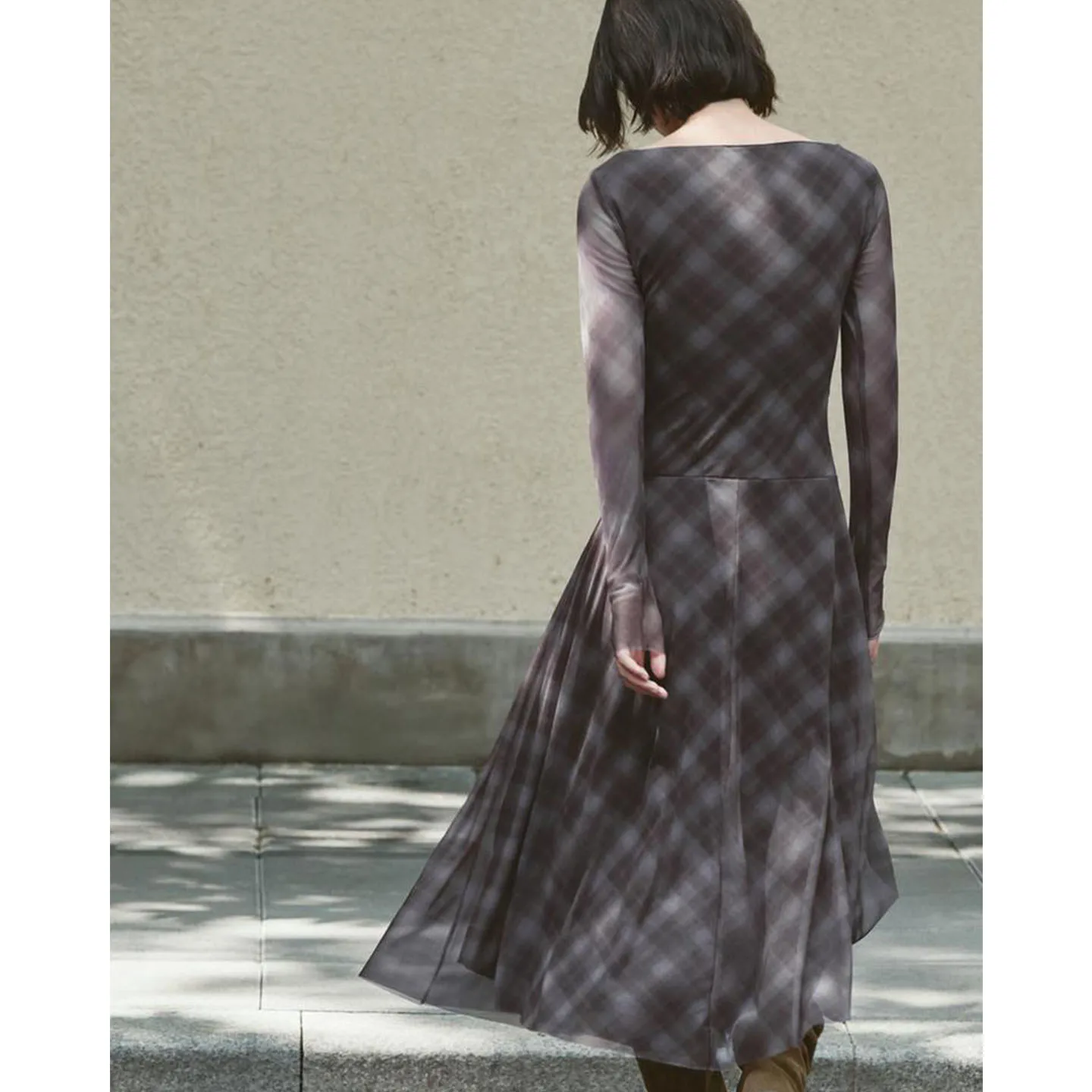 Outono feminino férias sle um ombro longo sve assimétrico em camadas xadrez rede de seda dr midi x versão solto ajuste