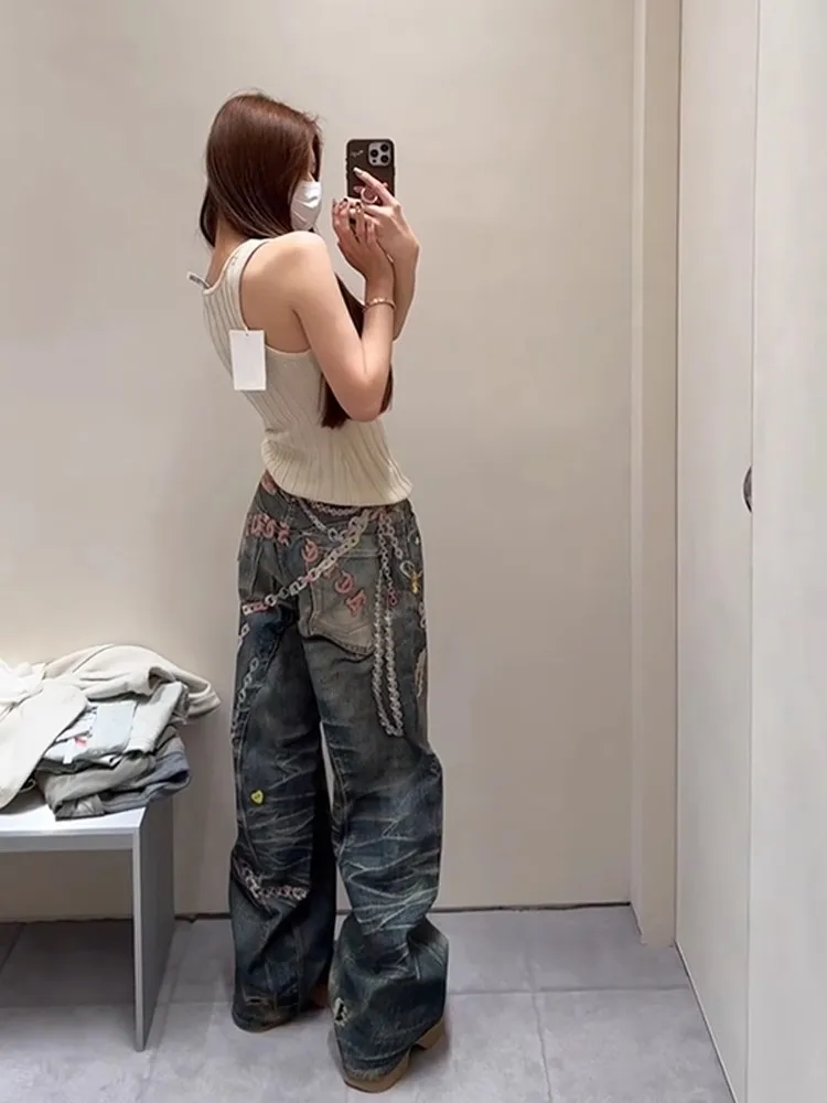プリントウォッシュだぶだぶのジーンズ女性のためのストリートカジュアルデニムパンツワイドレッグストレートポケットジッパーデニムロングパンツ