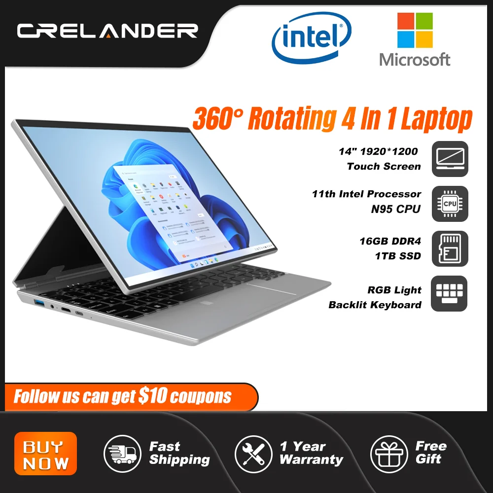 CRELANDER 2em1 Tablet PC Intel N95 Processador 14 polegada Touch Screen 360 Graus Rotating RAM 16GB Notebook Portátil