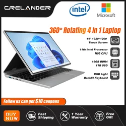 CRELANDER 2in1 Tablet PC Intel N95 Processor 14 inch Touch Screen 360 Degree Rotating RAM 16GB Portable Laptop Notebook