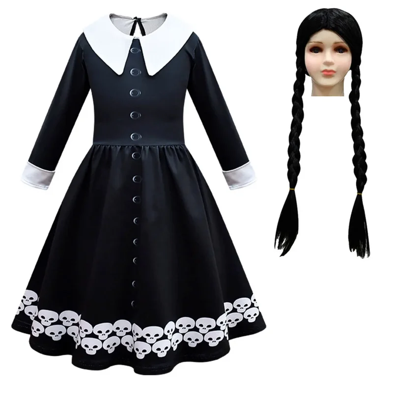 Kids Halloween Costumes for Girls The Addams Familye Morticiae Cosplay Dress and Wig Bag Black Outfits Carnival Gothic Clothes