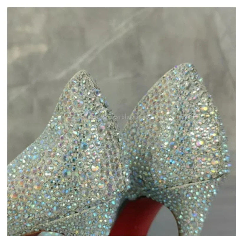 Full Rhinestones High Heel Single Shoes Women Silver Stiletto Shallow Pumps Handmade Brand Design Quality Shoes Lady Size 43
