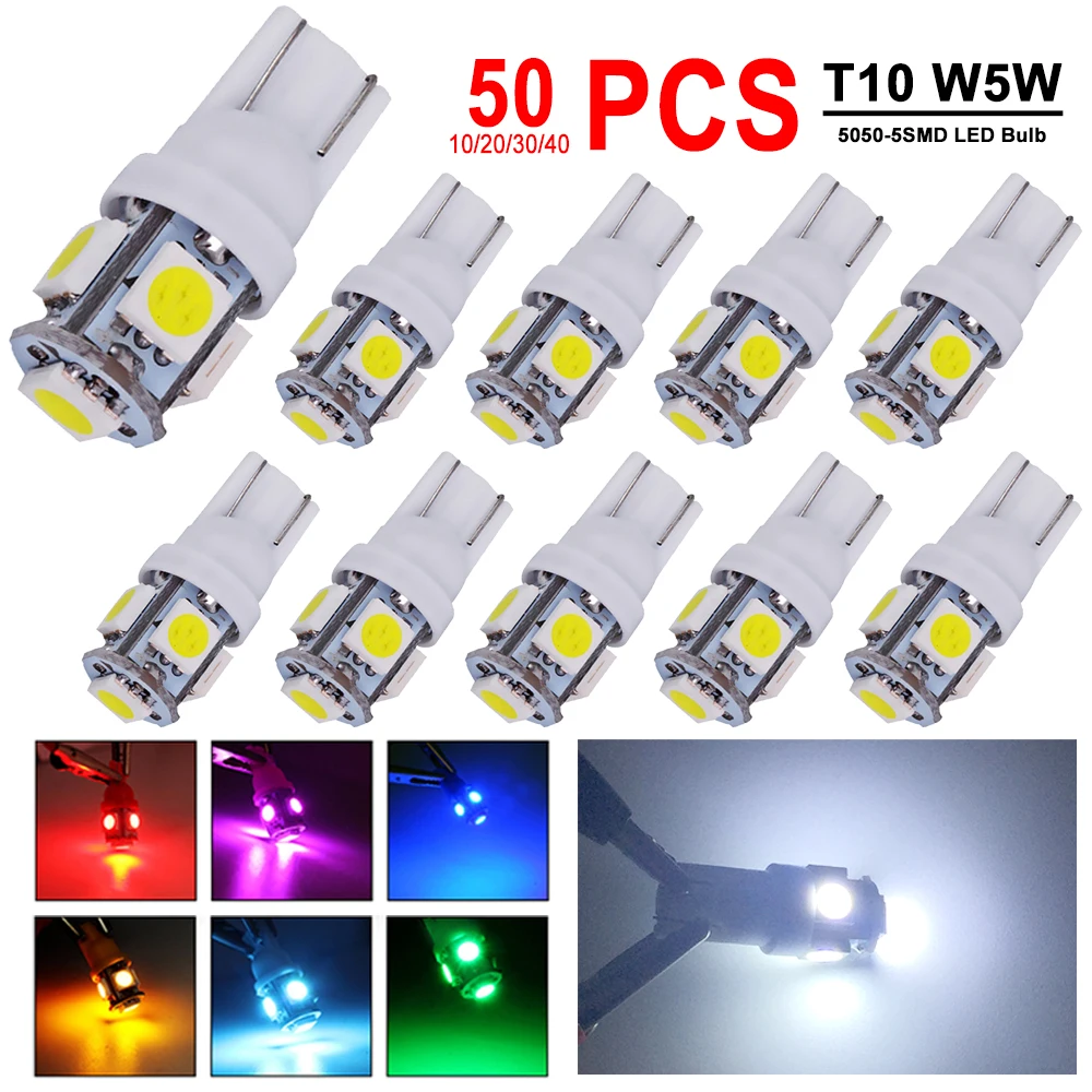 10/20/30/50 PCS T10 W5W LED Bulbs For Car Interior Dome Maps Reading Door Trunk Lights 12V 5050-5SMD 7000K White Red Yellow Blue