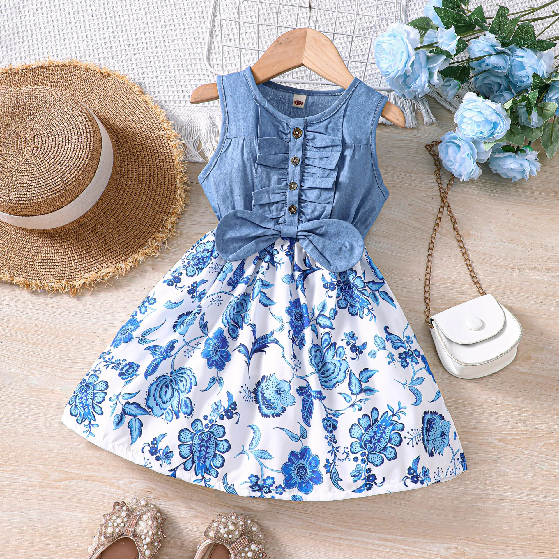 

2024 Summer New Arrival Girls Sleeveless O Neck Bow Print Floral Denim Blue Designer Cute Party Princess Dress Custume 8-12T