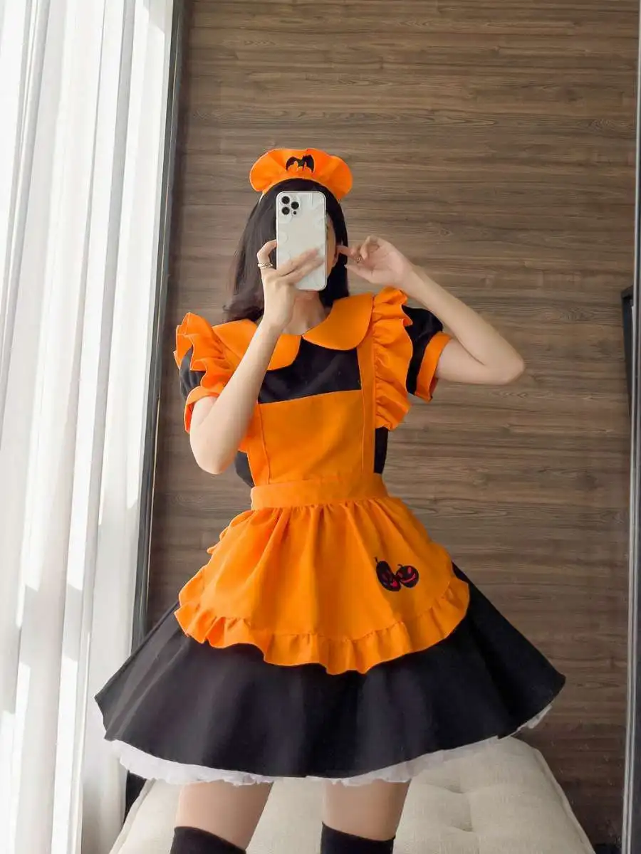 زي خادمة مطرز للهالوين على شكل يقطين الخفافيش الساحرة السحرية للخادمة مادة البوليستر الصينية التقليدية...