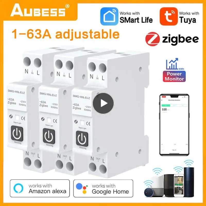 TUYA ZigBee Smart Circuit Breaker 1P 63A DIN Rail Power Monitor Automation Modules App Voice Control Alexa Alice Google Home