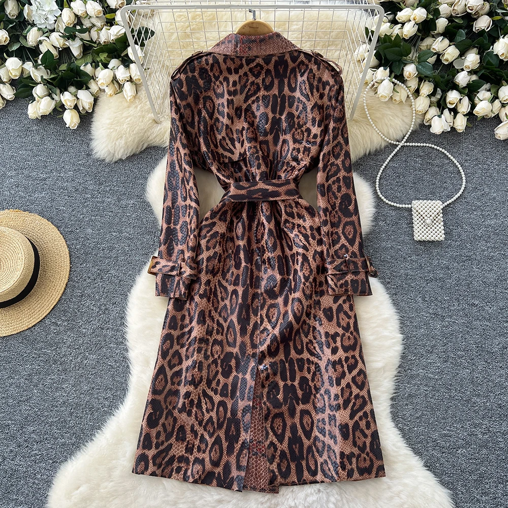 TWOTWINSTYLE Leopard Leather Trench For Women Lapel Long Sleeve Patchwork Belt Designer Loose Casual Overcoat Female KJA520159