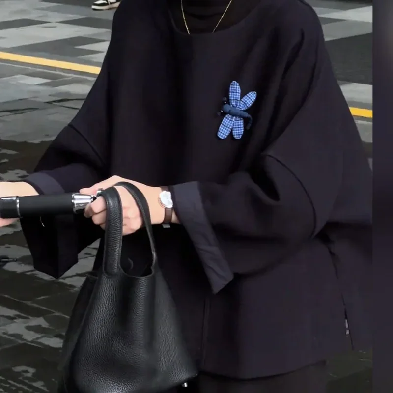 

Французский стиль, литературная повседневная мягкая элитная толстовка, женская осенняя новая свободная хлопковая толстовка с длинными рукавами и круглым вырезом, винтажная толстовка