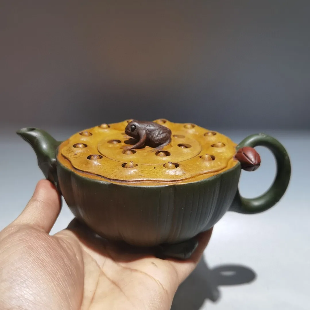 7in Chinese Yixing Zisha Natural Clay Handmade Frog & Lotus Seedpod Teapot