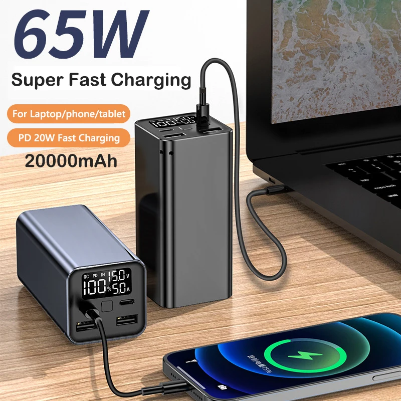 Power Bank 20000mAh 65W PD Fast Charging Type-C Portable Charger Mobile Phone Powerbank For iPhone Laptop Tablet Spare Battery