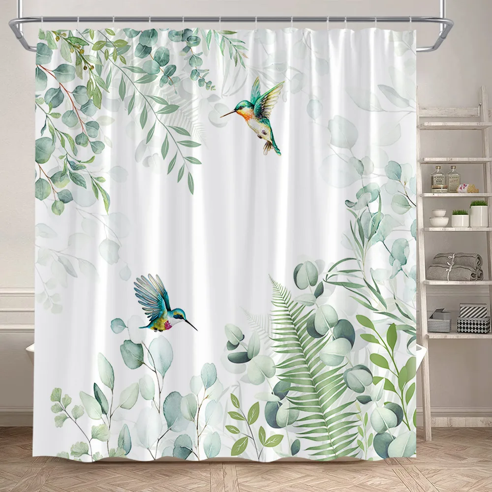 Spring Floral Shower Curtain Green Leaves Hummingbird Butterfly Watercolour Flowers Mushroom Sunflower Bathroom Curtains Decor