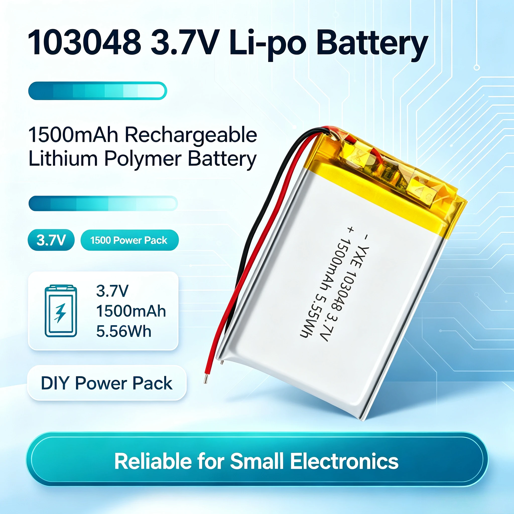 3,7 V 103048 1500 mAh wiederaufladbare Lithium-Polymer-Batterie, Ersatz-DIY-Batterie für Scheinwerfer, Campinglampe, Audio-Massagegerät