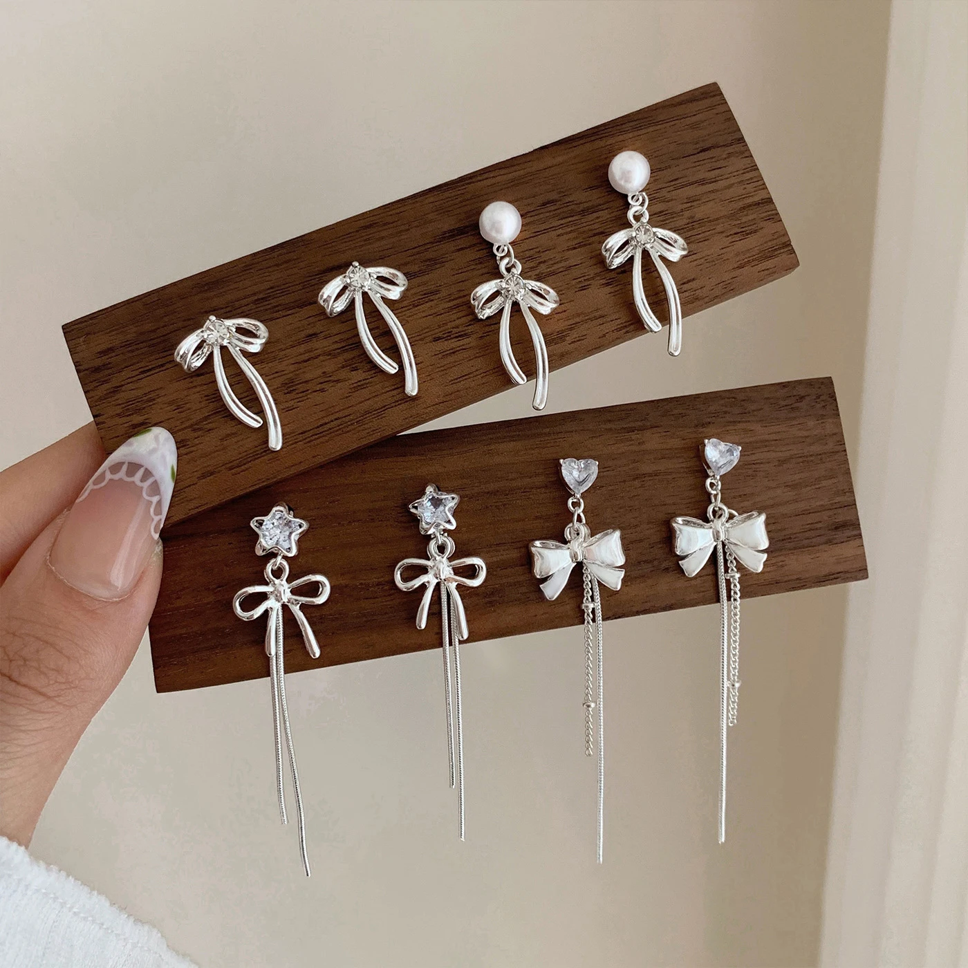 

KADRUFI Bow-knot Silk Ribbon Shape Tassel Dangle Earrings for Women Elegant Heart Star Pearl Ear Stud Earring Wedding Jewelry