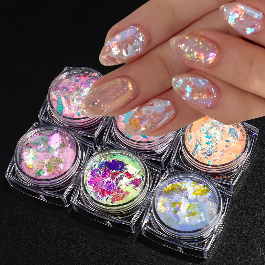 

6 шт., блестящие хлопья для ногтей Aurora Opal, радужный пигмент для ногтей, кристалл, русалка, блестящий мечтательный дизайн ногтей, блестки, украшение для маникюра