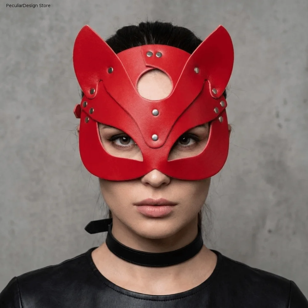 Cool Solid Color Halloween Mask Animal Ears Mask Alloy PU Leather Mask Masquerade Mask Face Cover Half Face Mask Women