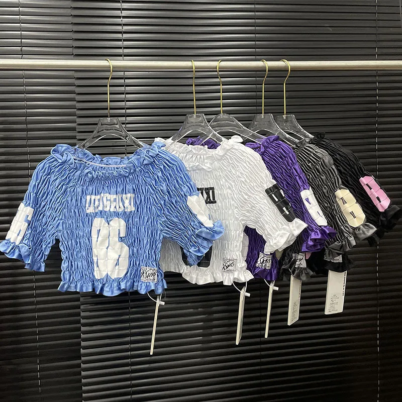 DEAT أزياء المرأة مطوي تي شيرت مطاطي الإناث المتخصصة تصميم إلكتروني طباعة التباين اللون قصيرة الأكمام أعلى الإناث 11A05035