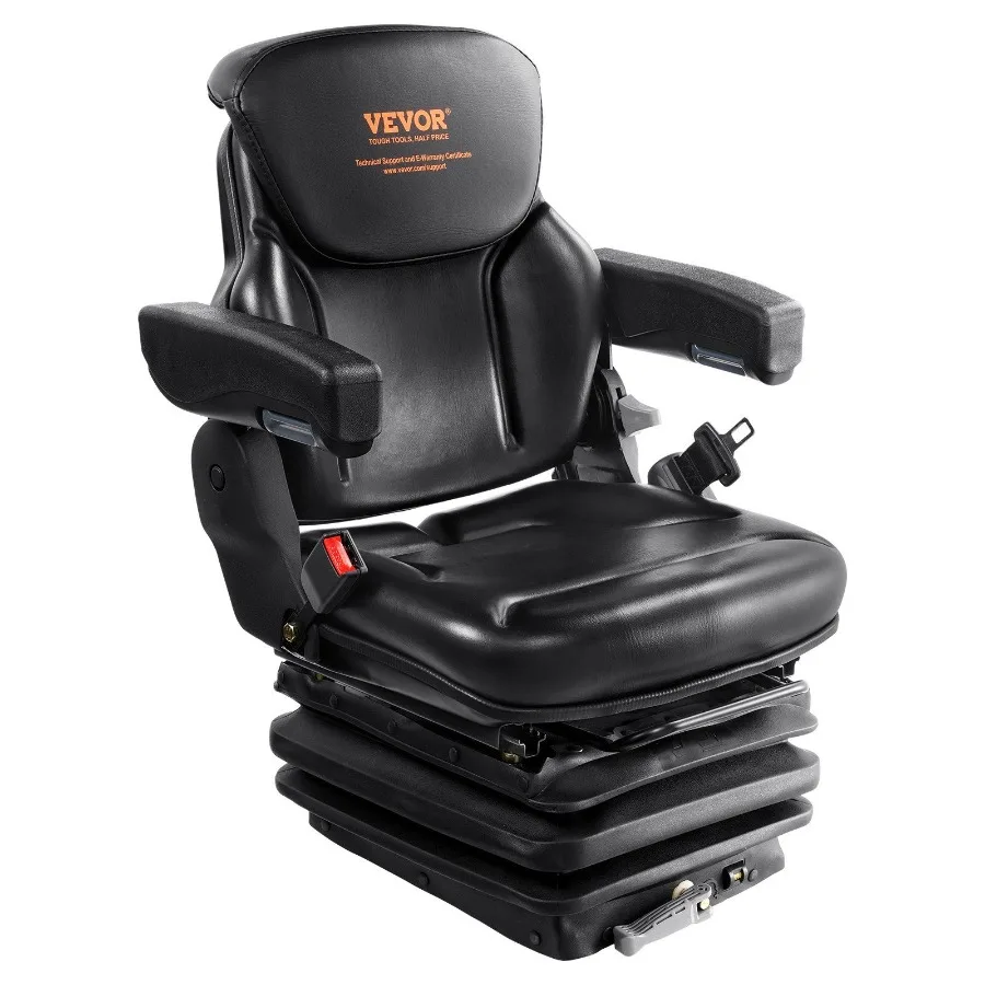Universal Tractor Seat Suspension with Adjustable Angle Back Micro Switch Seatbelt and Armrests 3-Level Shock Absorption for Tr