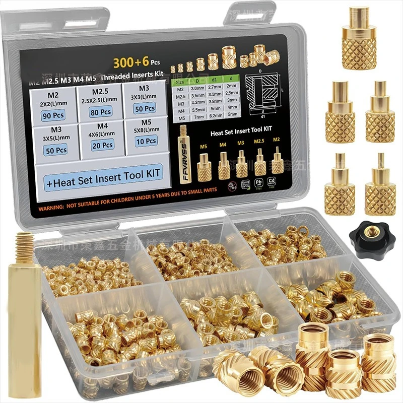 300+6 / 600+7Pcs Knurled Brass Inserts, Mold-in Threaded Nuts, Hot Press Embedded Copper Nuts Assortment Kit