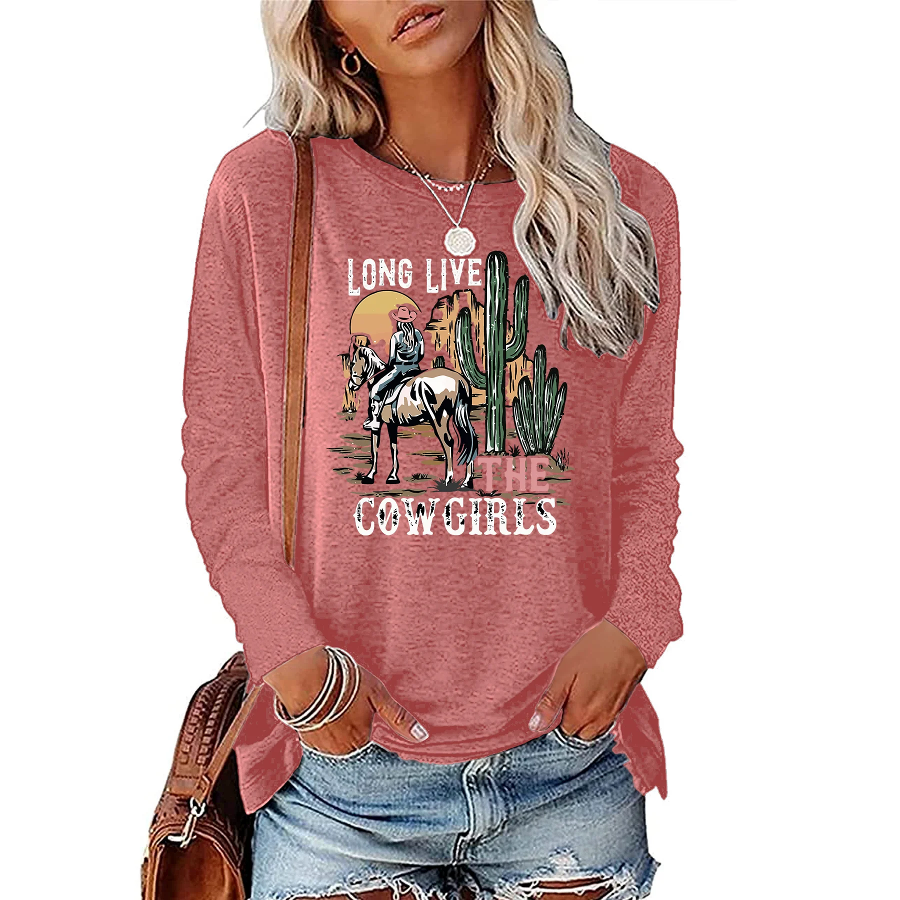 Vintage Western Cowboy Riding Girl Desert Sunset Sunset Leisure Long Sleeve Women\'s T-shirt