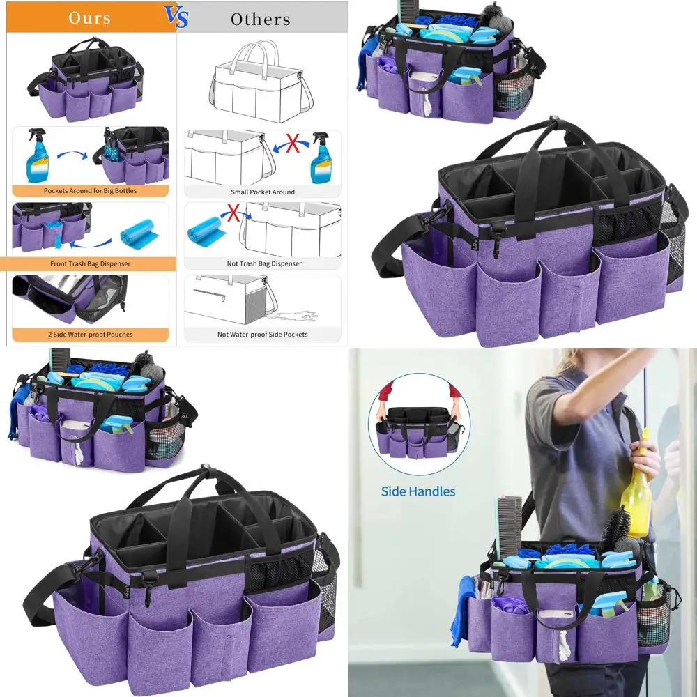 

Purple Portable Cleaning Supply Bag with 4 Collapsible Dividers, Shoulder Strap & Handles for Organizers and Housekeeping