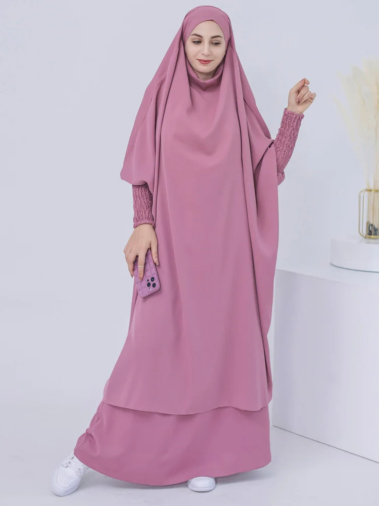 Women's Sweet Jilbab 2 pc Set, Islamic Muslim Prayer Clothes, Smocked Cuffs Overhead Abaya, Elastic Waist Skirt, Hijabi, Ramadan