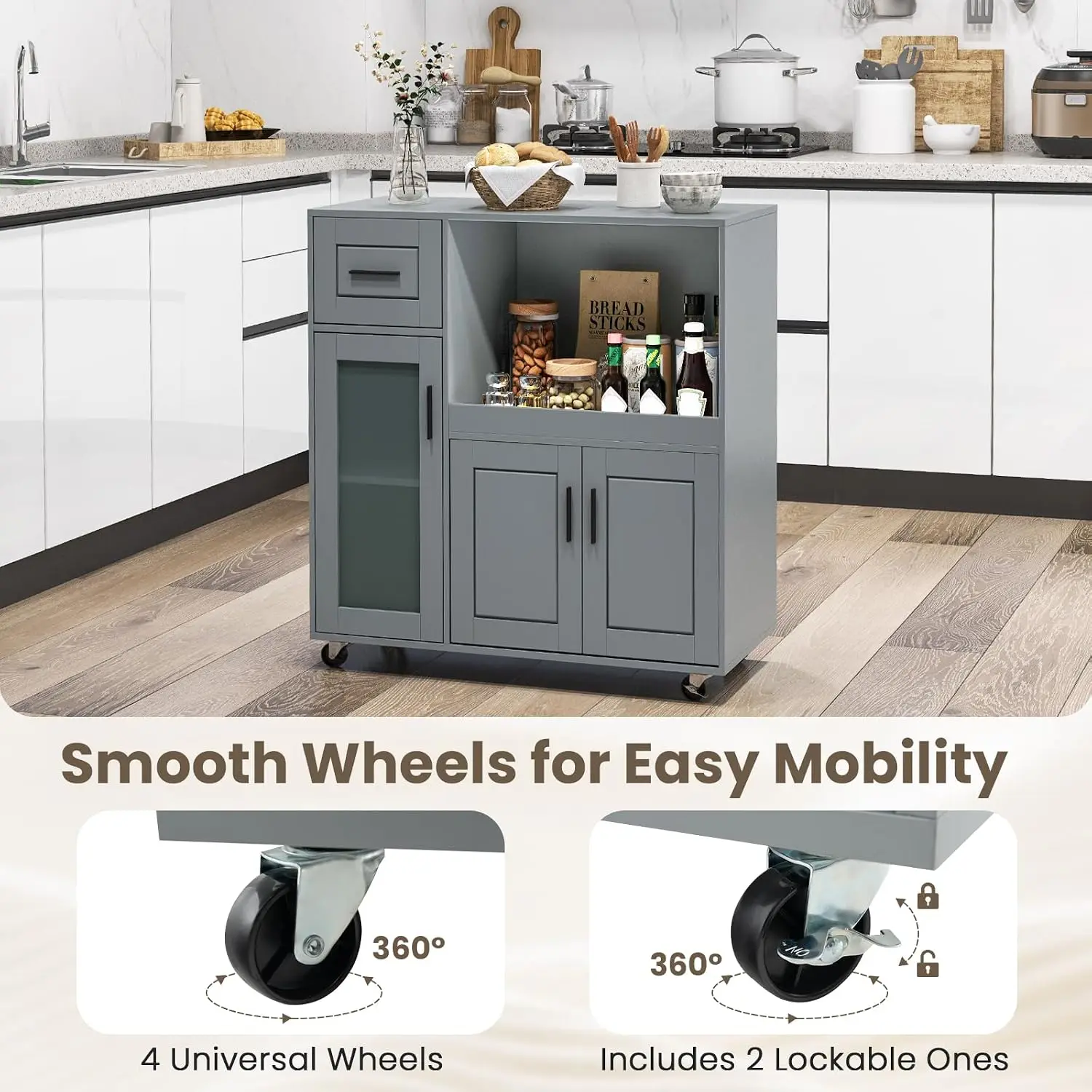 Kitchen Island Cart with Storage, Rolling Table with Drawer, Glass Door & Adjustable Shelf, Bar Cart on Wheels, Grey, Customized
