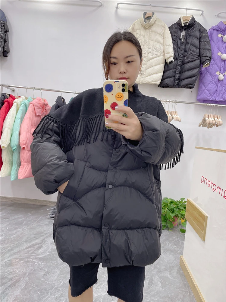 겨울 양면 태슬 중간 길이 다운 재킷 여성 화이트 덕다운 스탠드 칼라 따뜻한 재킷 여성 파카 퀼팅 아우터