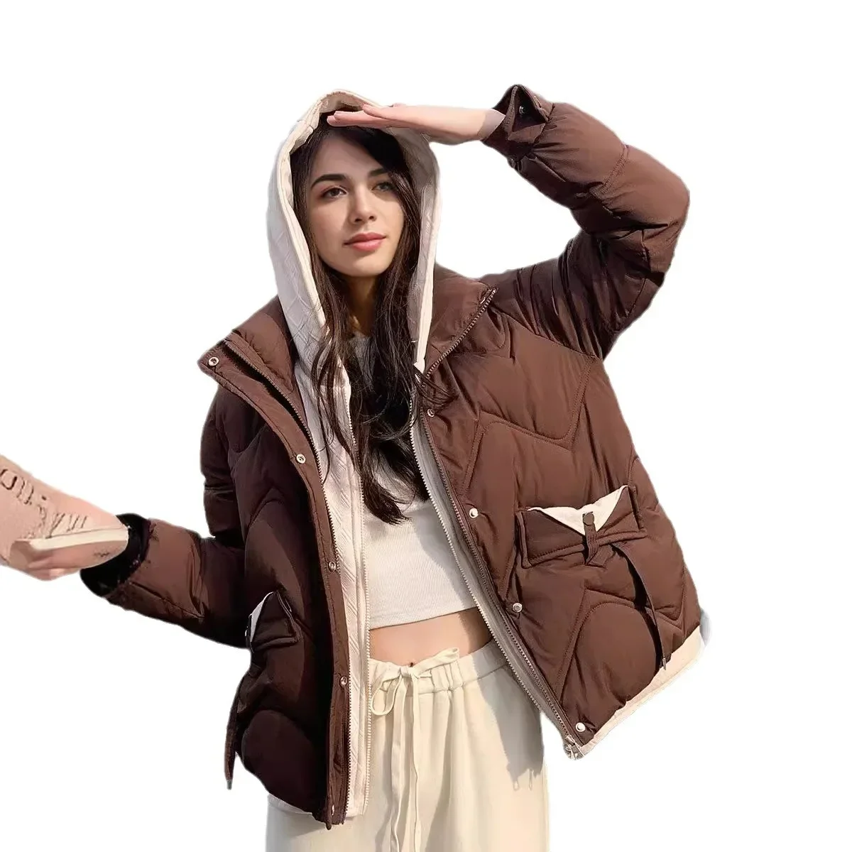 Chaqueta corta de invierno 2025 para mujer, Parkas falsas de dos piezas con contraste para mujer, abrigos, Chaqueta de algodón gruesa y cálida, Tops, novedad de 2025