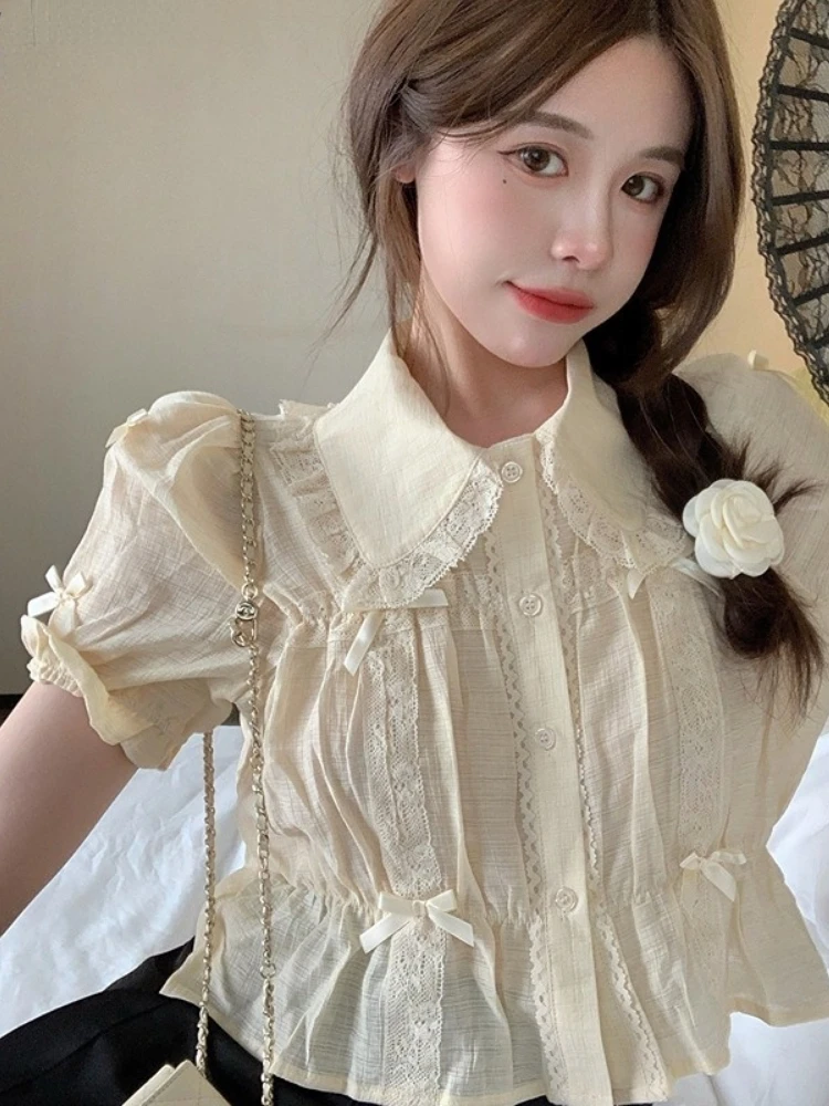 Sweet Blouses Women Lolita Style Kawaii Bow Puff Short Sleeve Crop Tops Girls French Lace Peter Pan Collar Shirt Summer Clothes