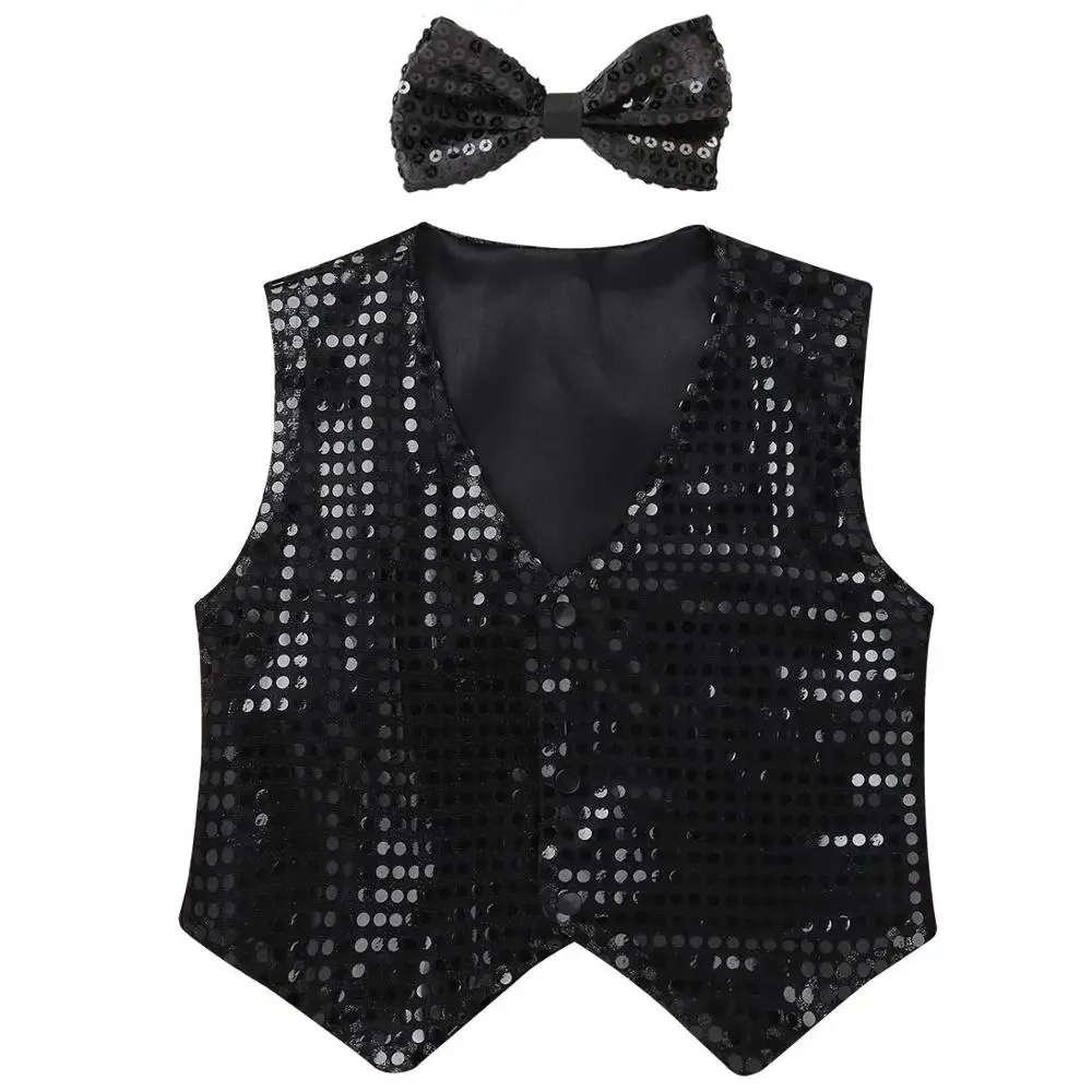 Boys Girls Jazz Dancewear Vest Bowknot set Kids Glitter Clothes Choir Costume Childrens Hip-hop Jazz Dance Sequined Vest