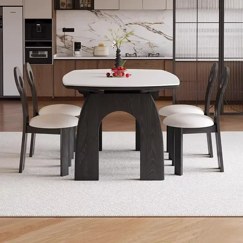 

Convertible French Dining Table Solid Wood Square to Round Minimalist Chair Sintered Stone Space Saving Table for Apartment