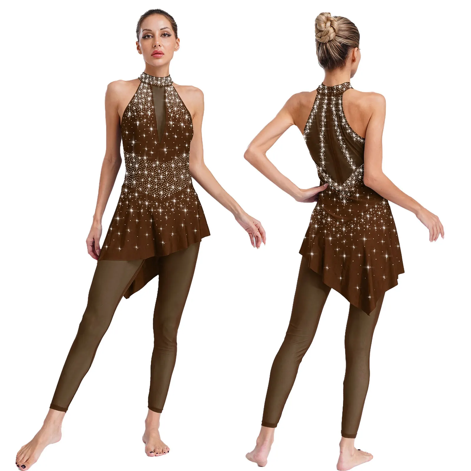 

Womens Elegant Gymnastics Jumpsuit Sleeveless Sheer Mesh Shiny Rhinestones Skirted Bodysuit for Artistic Skating Jazz Dancewear