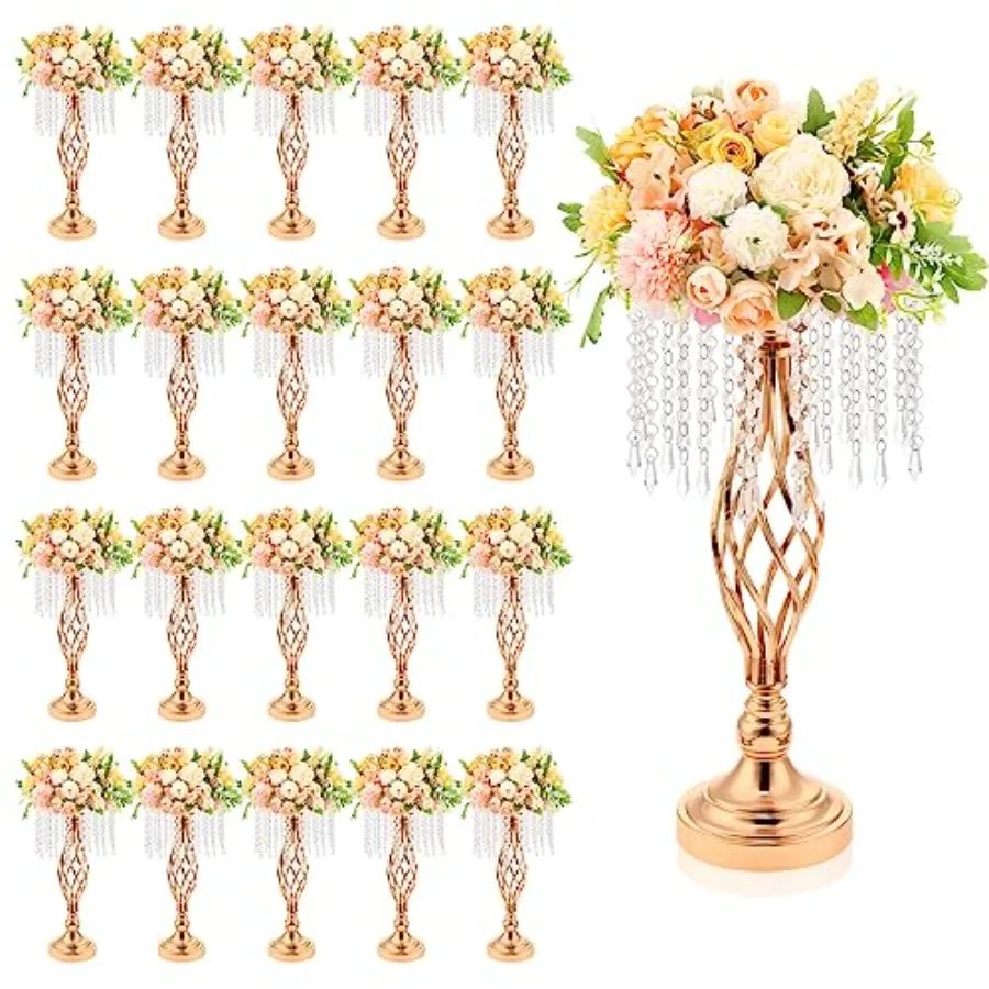 

Wedding reception centerpiece stand: crystal gold metal flower arrangement stand with chandelier crystals 17.7 tall elegant gol