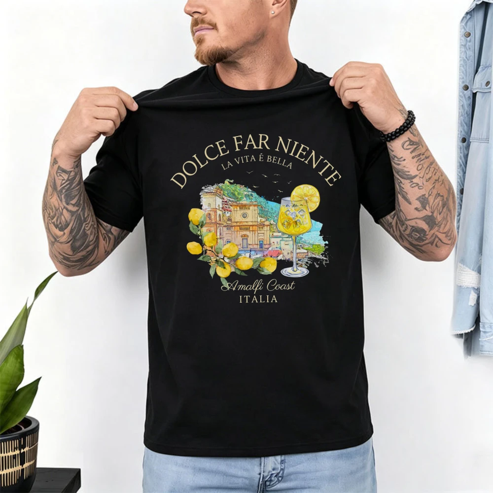Italian Coast Amalfi T-shirt Lemonade Lemons Buildings Birds Dolce Far Niente La Vita Bella Black Crew Neck Short Sleeve Relaxed