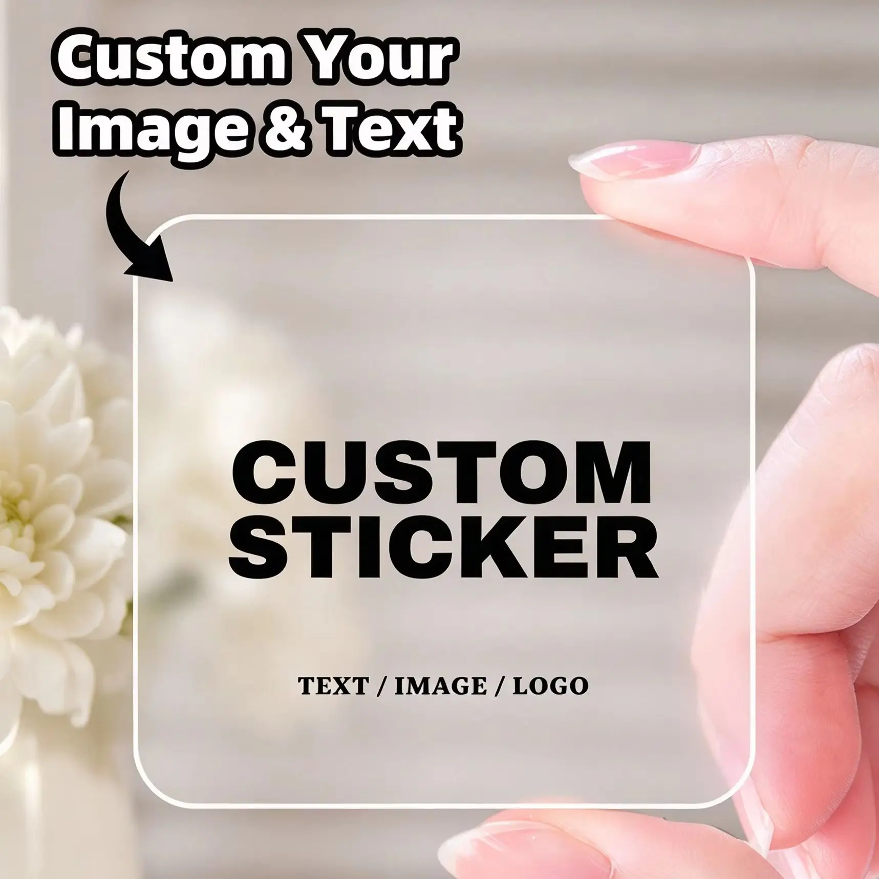 1-120Pcs Square Clear Custom Stickers, personalized text image stickers for Family & Friends, Office & Commercial Labels