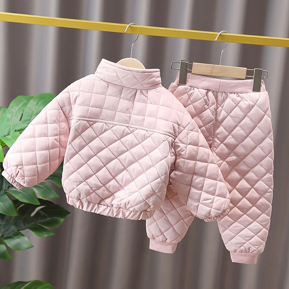 2-6Y Cute Girls Cotton Padded Clothes Sets Winter Solid Plaid Single-Breasted Coats+Pants 2Pcs Thick Warm Kids Outerwear Suits