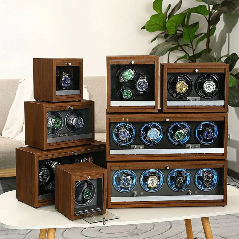 Watch Winder for Automatic Watches 6/4/2/1 Slots Watch Shaker Wooden Box Super Motor Blue LED Light Jewelry Store Display Box
