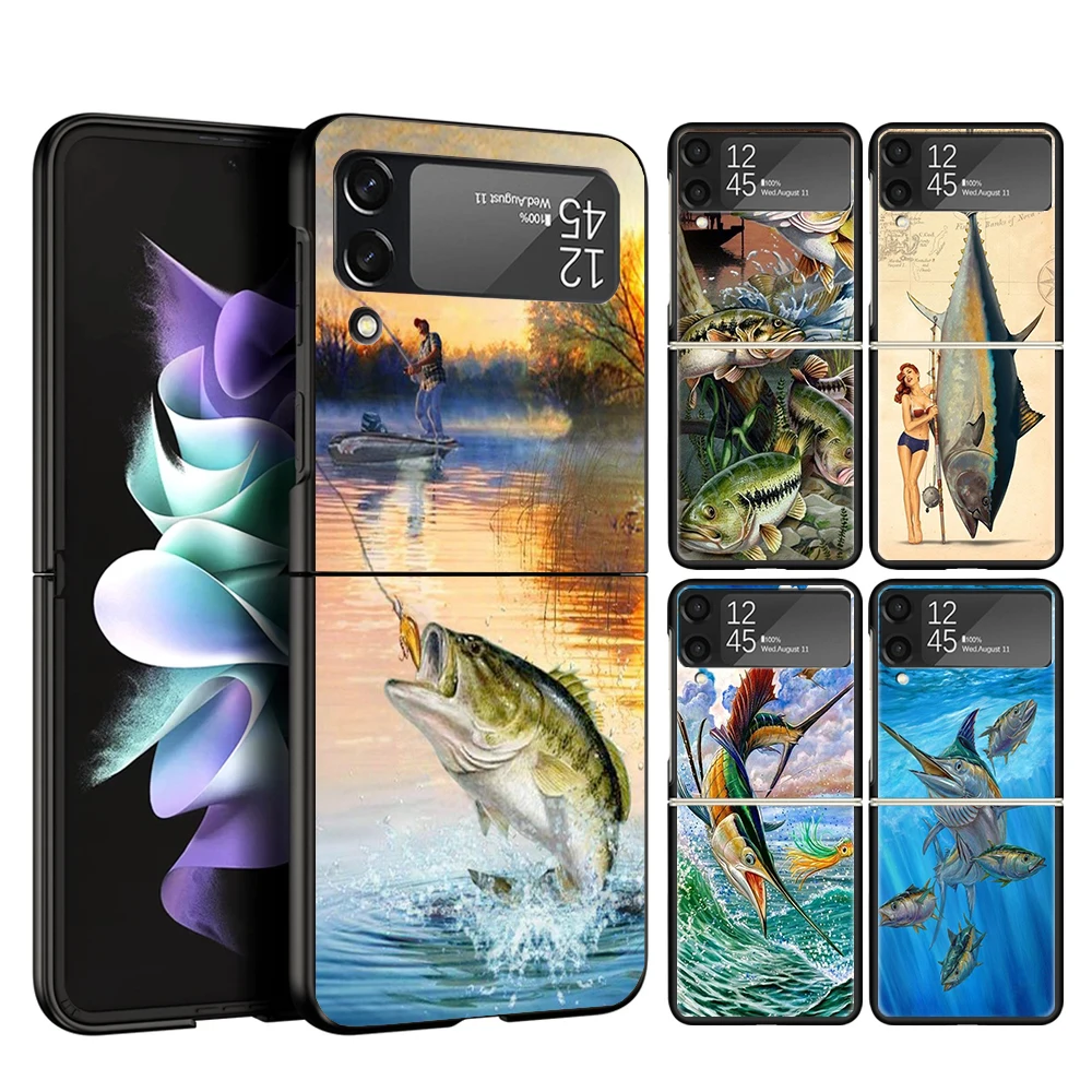 Offshore Angling Fishing Fish Rod Case Phone Cover for Samsung Galaxy Z Flip 6 5 4 3 5G ZFlip6 ZFlip5 ZFlip4 ZFlip3 Black Hard T