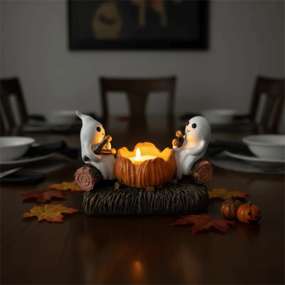 Cartoon Ghost Campfire Flickering Candle Holder Resin Removable Firewood Pile Halloween Desk Ghost Torch Figurine Decorative