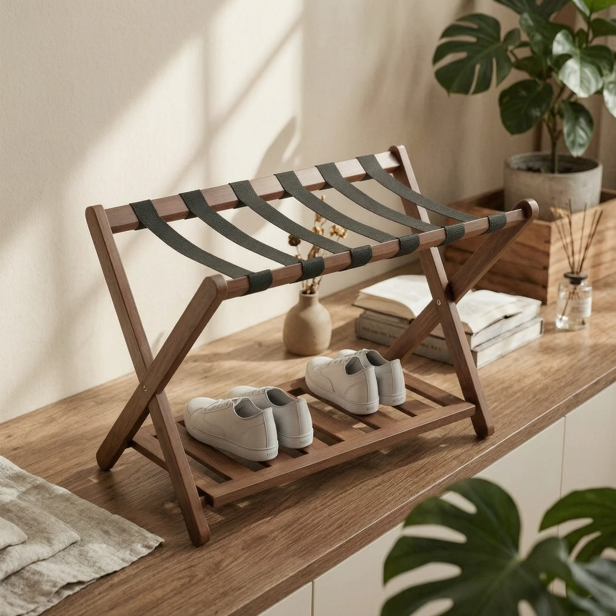 Bamboo Luggage Rack Foldable Luggage Holder with Shelf Suitcase Holder Stand Space Saving Hotel Furniture Heavy Duty