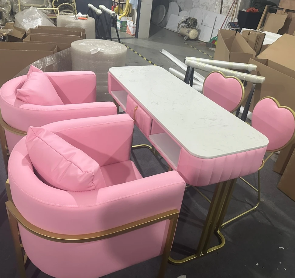 Pink Manicure Furniture Used Nail Salon Tables White Wood Style Modern Solid Color Package Material Origin Type