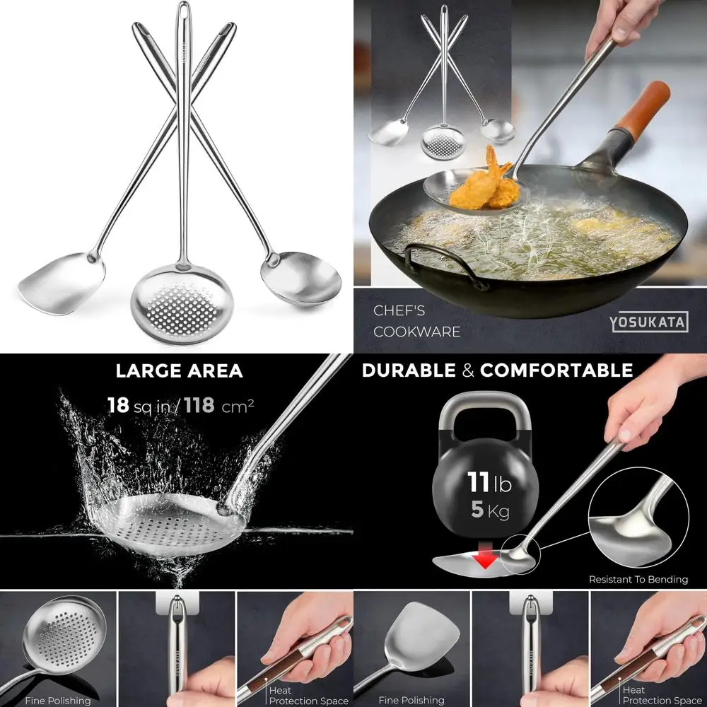 

3-Piece Stainless Steel Wok Tools Set - 17 Spatula, Ladle, and Skimmer - Dishwasher Safe Cooking Utensils