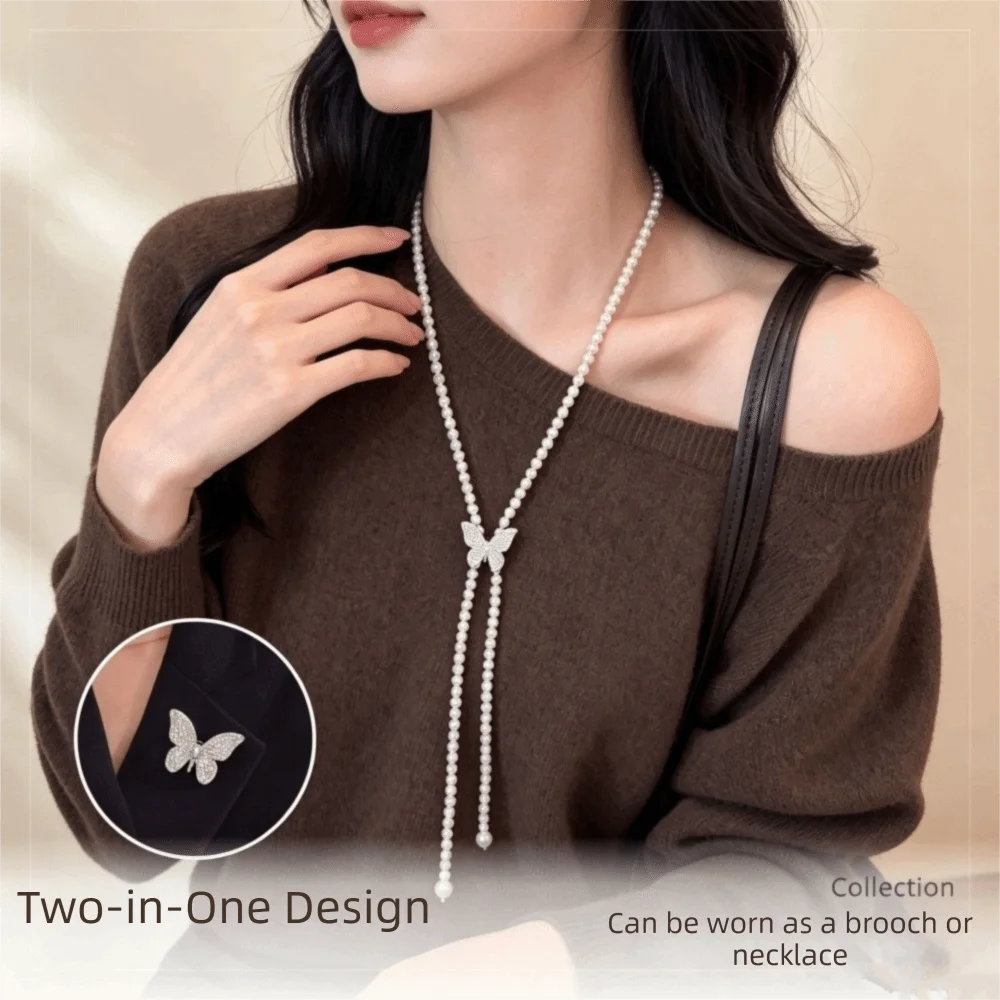 Maple Leaf Tassel Sweater Chain Brooch Pearl Tassel Elegant Sweater Chain Luxurious Geometric Style Necklace Brooch
