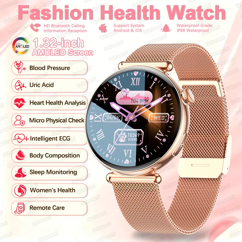 

Fashion Health Watch BMI Heart Health Analysis Uric Acid Smart Watch 1.32 AMLOED Screen Blood Pressure Smart Watches Women 2026