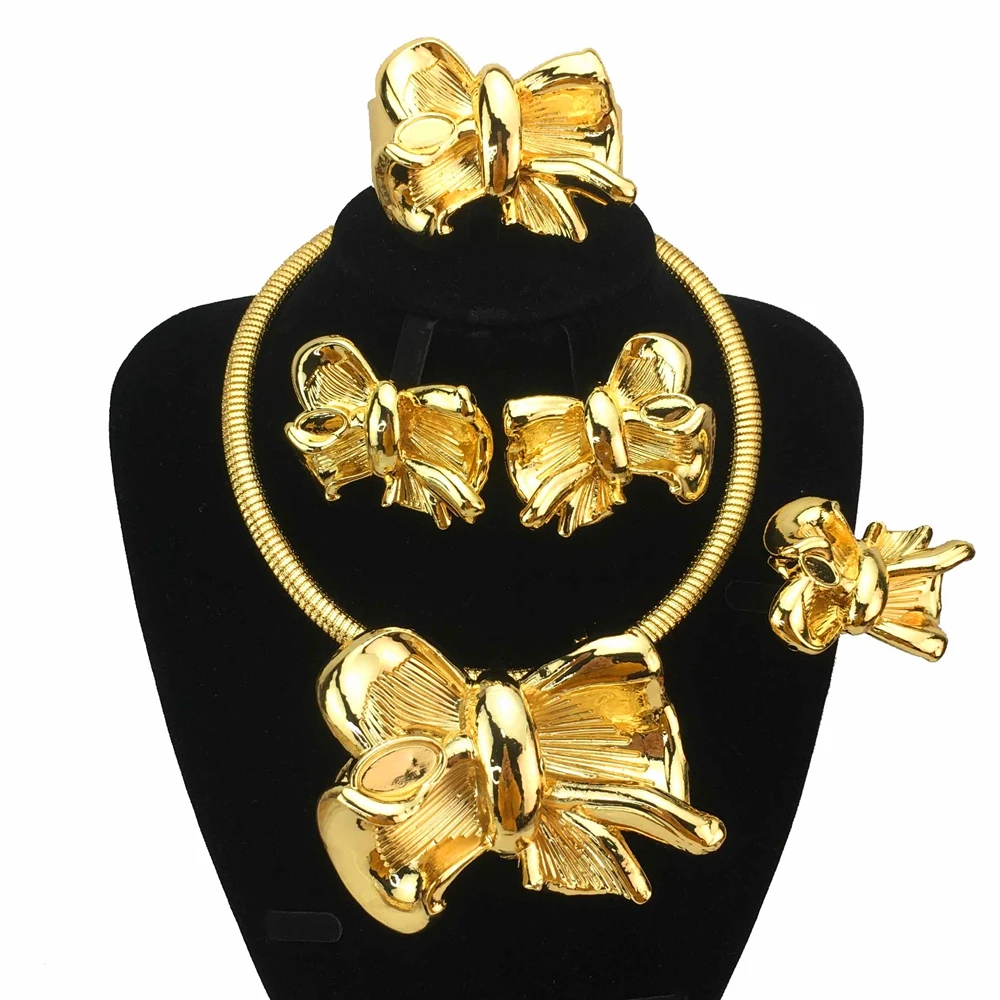 Hot Dubai Italian Gold Plated Jewelry Women's Wedding Party Banquet Big Bow-knot Pendant Earrings Bold Jewelry Sets FHK17057