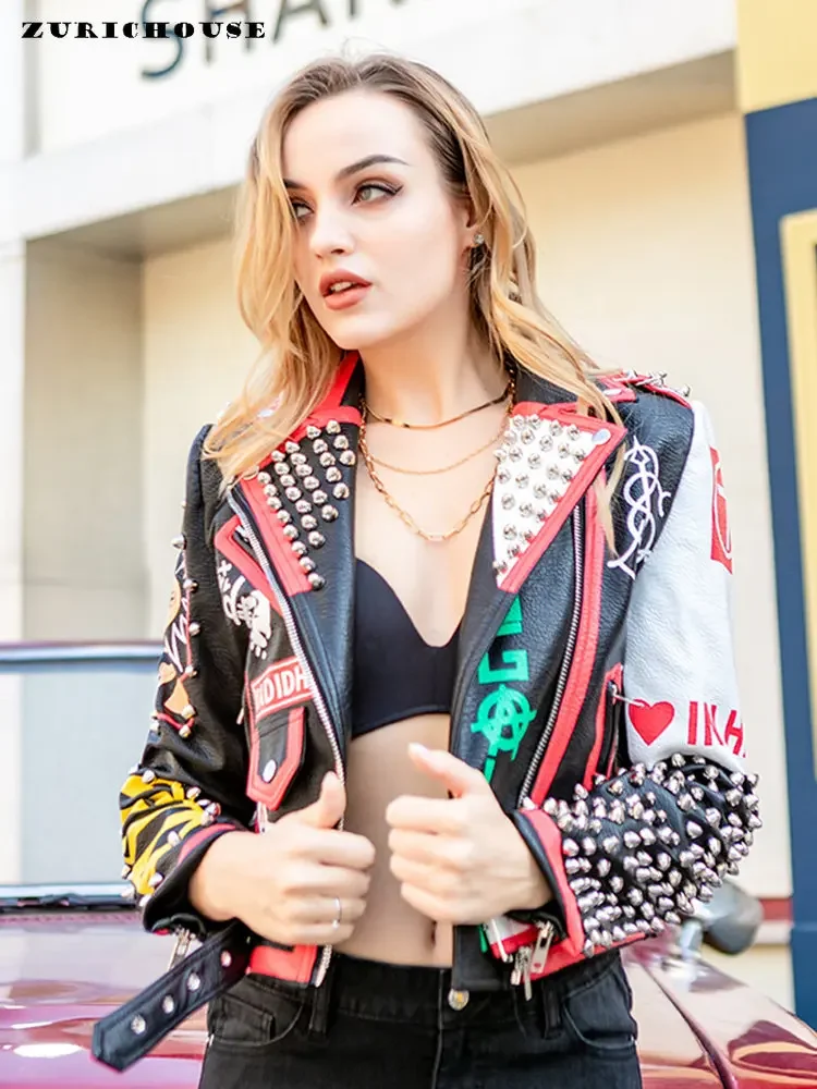 ZURICHOUSE Rock Punk Rivet Print PU Leather Jacket Women Slim Short Streetwear Motorcycle Jackets Female Chaqueta Mujer