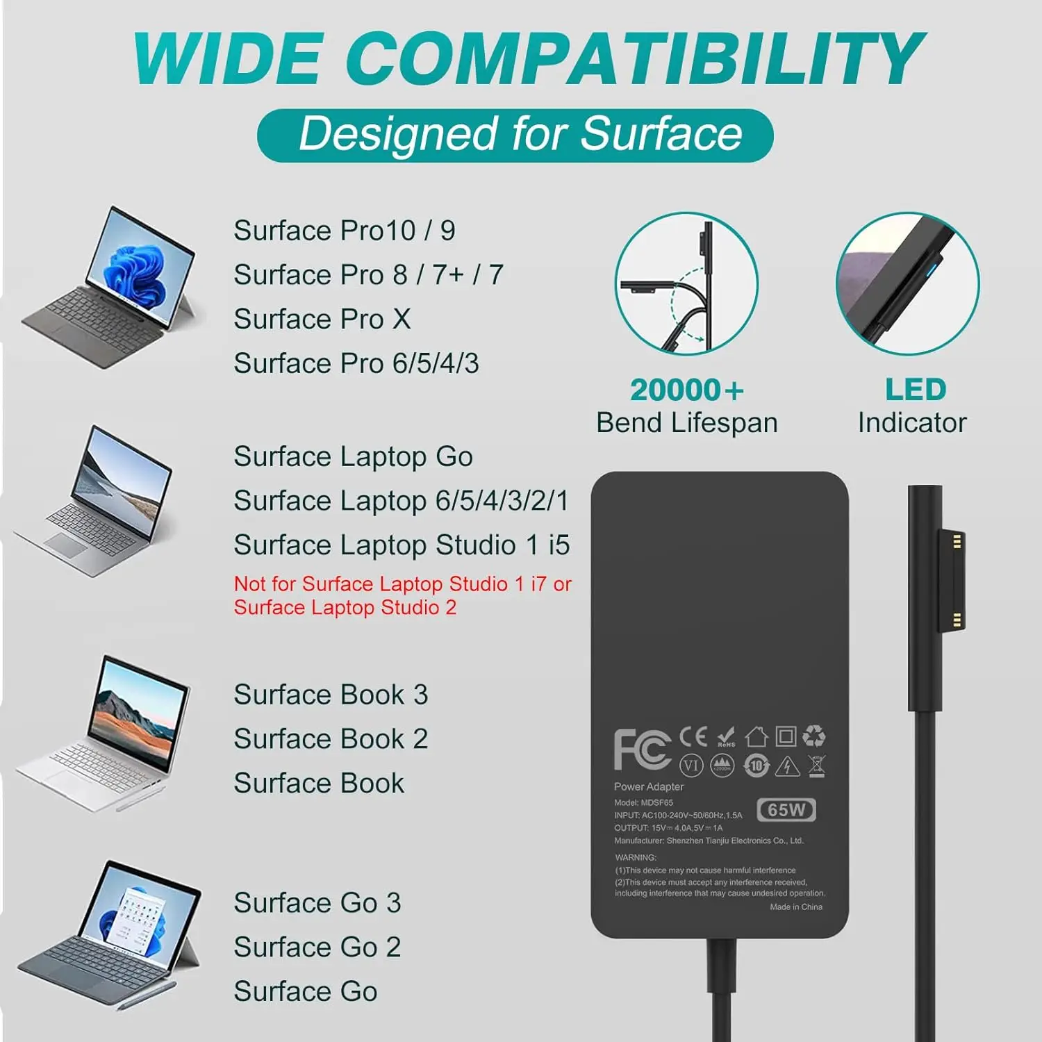 Imagem -02 - Carregador Portátil para Microsoft Surface Pro Microsoft Surface Pro 10 Mais x Windows 65w