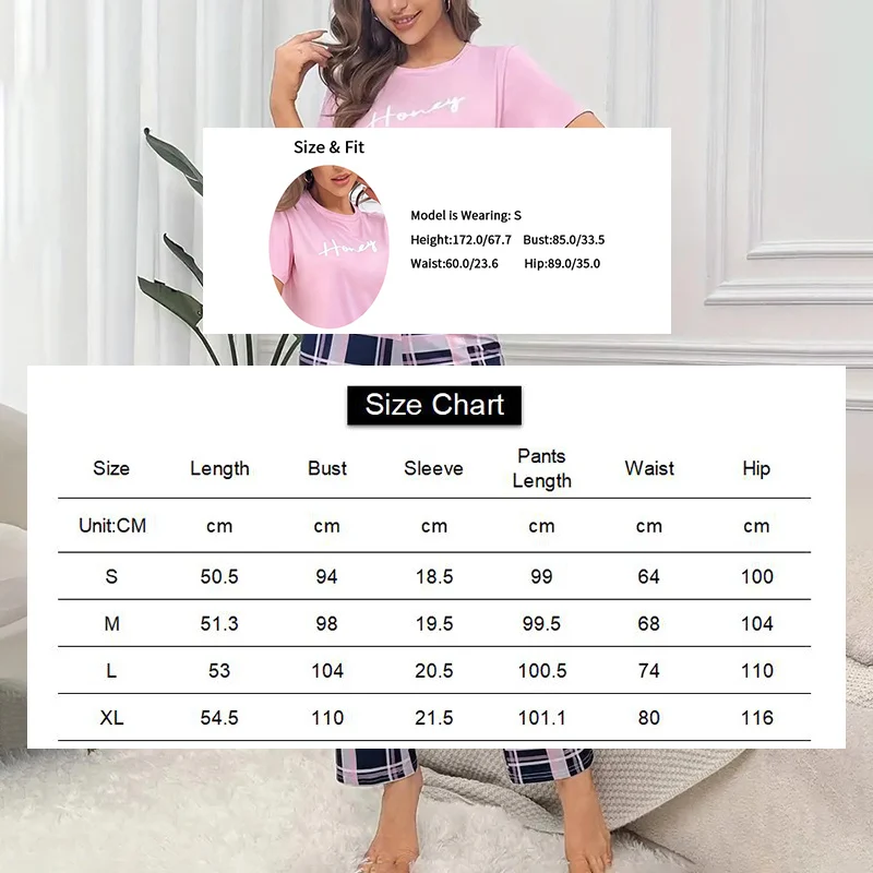 Women\'s Pajama Pj Set Letter Print Short Sleeve Top & Plaid Print Pants with Bow Details Casual Sleepwear for Adults All Seasons