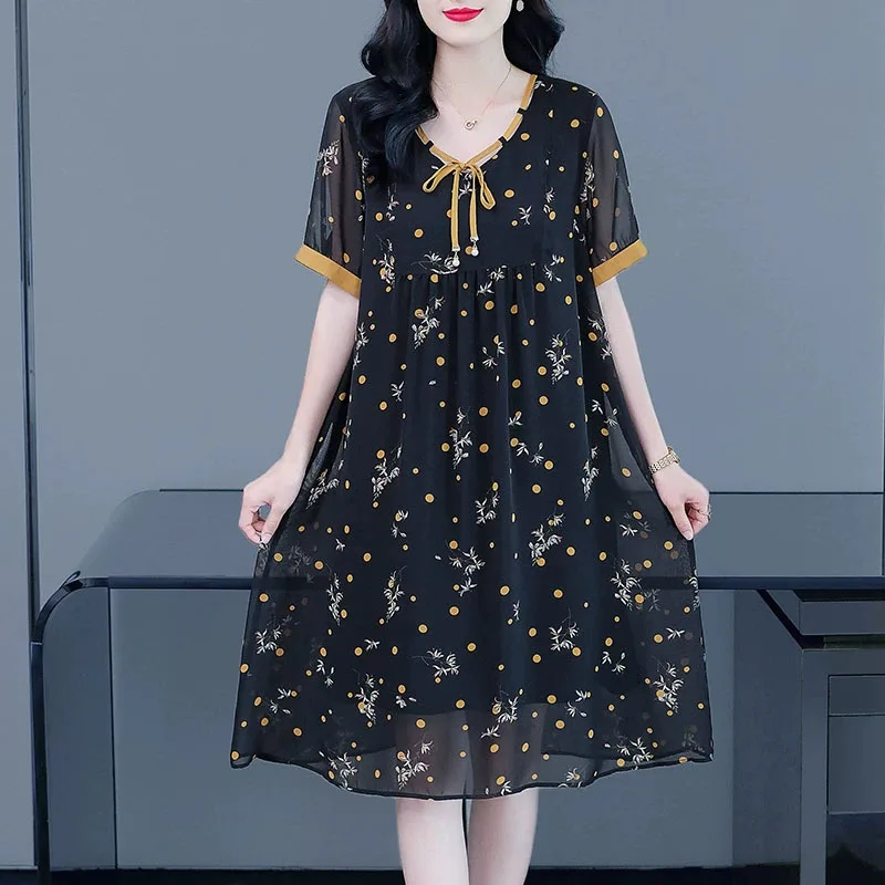 

Vintage Short Sleeve Large Size Slim Dress Elegant Women's Clothing 2022 New Summer Chiffon Floral Dress 4XL 5XL bd33