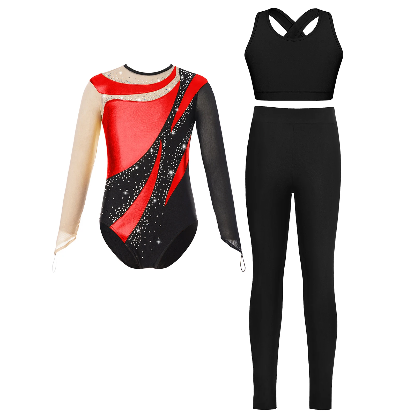 

Kids Girls Figure Skating Costume Long Sleeve Rhinestones Patchwork Leotard with Sleeveless U Neck Vest And Leggings